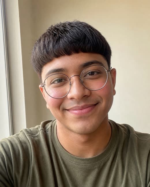 A selfie of a young man with a bowl cut and round glasses (AI-generated)